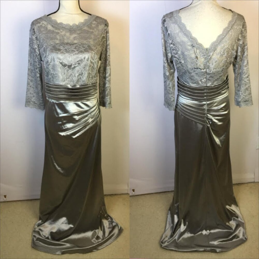New! Miusol Evening Maxi Dress Gown L Womens Light Gray Lace Satin 3/4 Sleeve